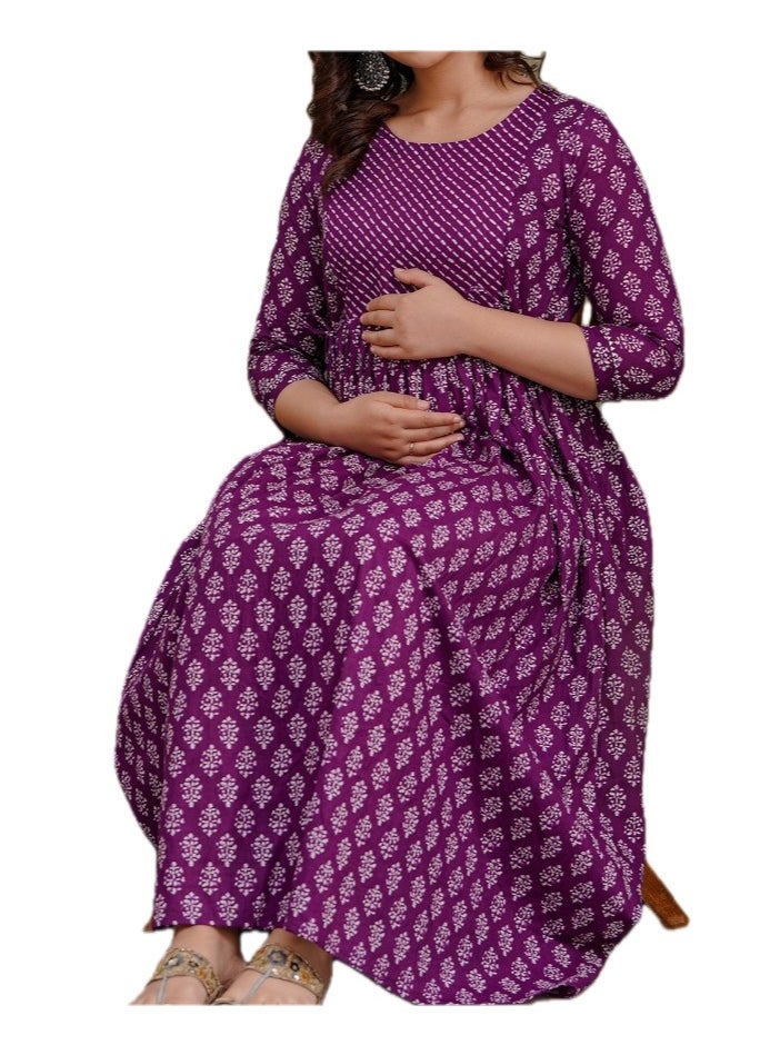 Zebees Cotton Maternity & Feeding Dress, Comfortable Fit, Concealed Zips