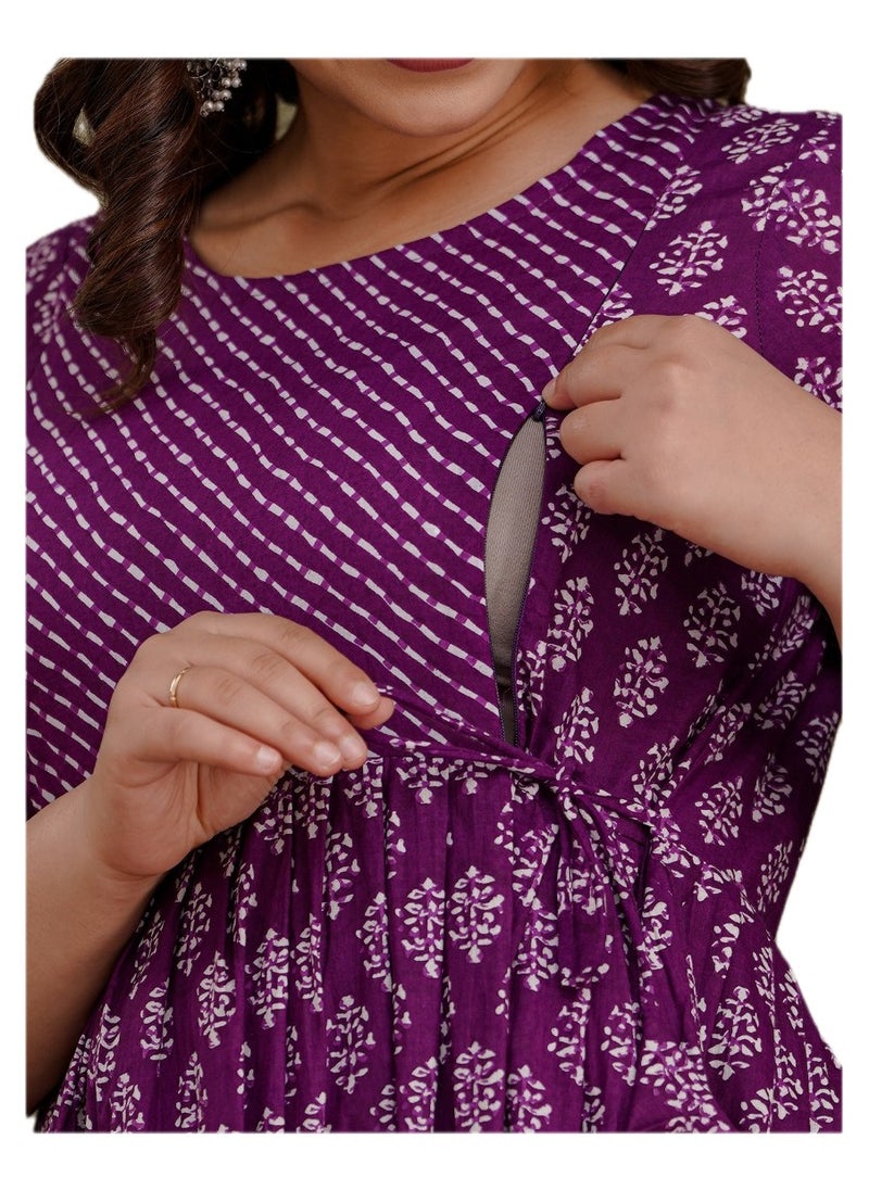 Zebees Cotton Maternity & Feeding Dress, Comfortable Fit, Concealed Zips