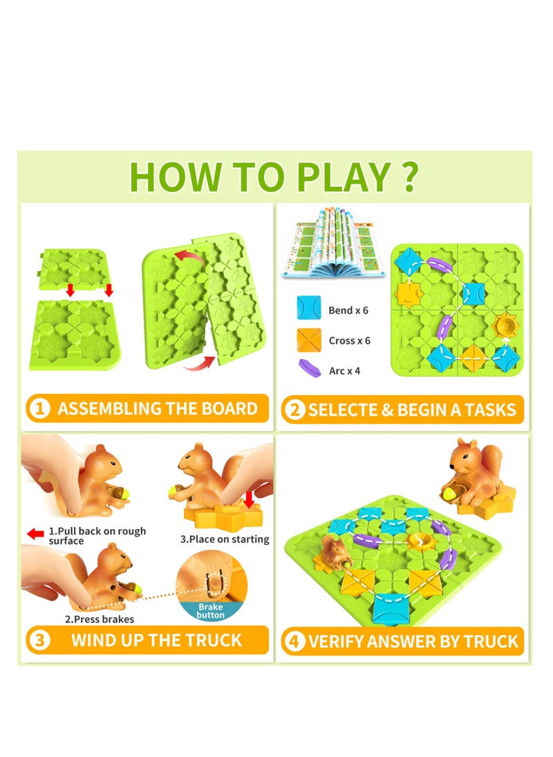 Logical Road Builder Game, Large Educational Smart Brain Teasers Puzzles Toys, Build-A-Track Brain Teaser Puzzles with 118 Challenges & 5 Difficulty Levels Squirrel Logic Track Building Blocks