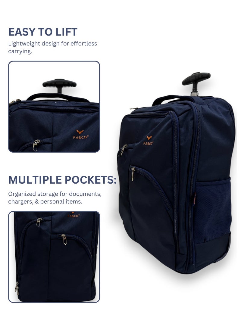 Blue Laptop Travel Backpack with 2 Wheels for Men and Women