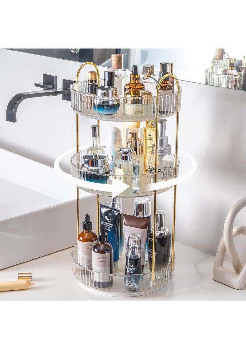 Rotating Makeup Organizer for Vanity 3 Tier, High-Capacity Skincare Clear Make Up Storage Perfume Organizers Cosmetic Dresser Organizer Countertop 360 Spinning（Clear）