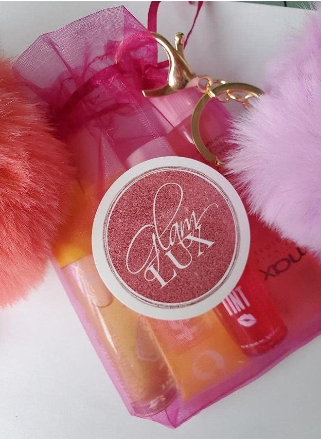 mystery bundle lip loss set of 4 lip gloss, lip stains, lippies, lipstick, lip polish girls/women lip gloss gift sets & pompom keychain