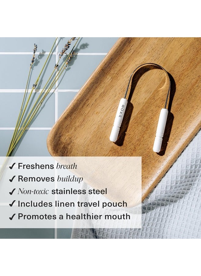 Tongue Scraper for Adults & Kids with Case - Stainless Steel Tongue Cleaner w/Linen Travel Pouch - Scrubber to Remove Tongue Buildup and Freshens Breath (Pack of 1)