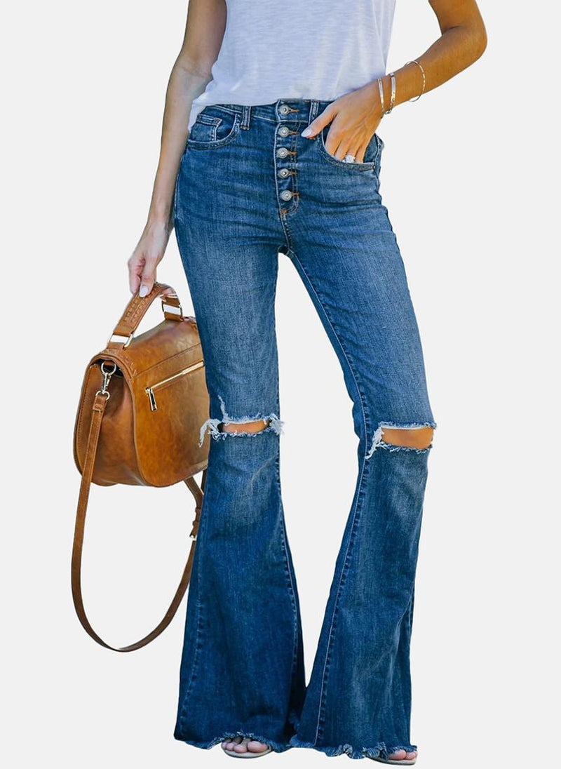Blue Bootcut Slash Knee High-Rise Jeans