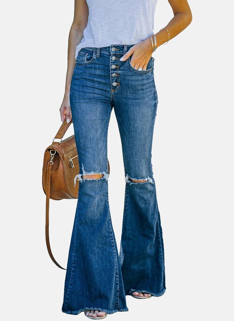 Blue Bootcut Slash Knee High-Rise Jeans