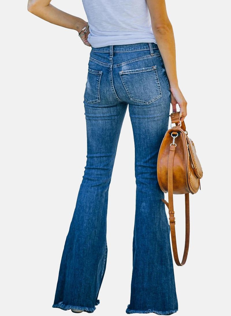 Blue Bootcut Slash Knee High-Rise Jeans