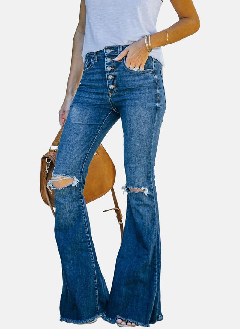 Blue Bootcut Slash Knee High-Rise Jeans