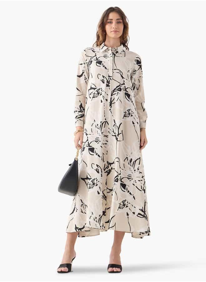 Iconic All-Over Floral Print Trapeze Dress with Cuff Sleeves