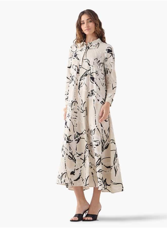 Iconic All-Over Floral Print Trapeze Dress with Cuff Sleeves
