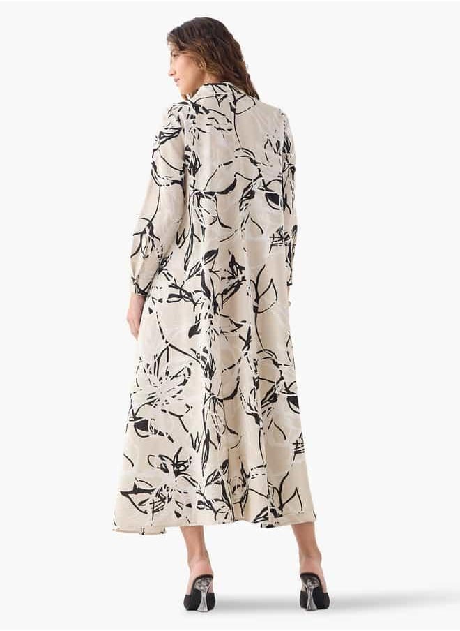Iconic All-Over Floral Print Trapeze Dress with Cuff Sleeves