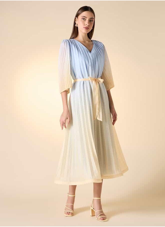 Iconic Pleated V-neck Dress with Tie-Up Belt and Flared Sleeves