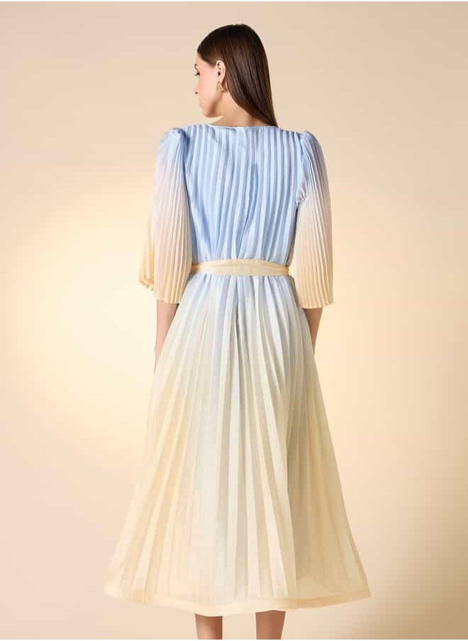 Iconic Pleated V-neck Dress with Tie-Up Belt and Flared Sleeves
