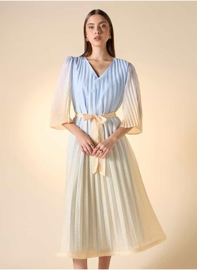 Iconic Pleated V-neck Dress with Tie-Up Belt and Flared Sleeves