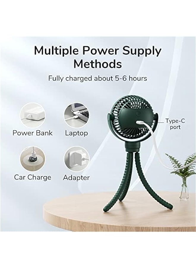 Portable Stroller Fan 4000mAh Battery Operated with 4 Speeds, USB Rechargeable Mini Fan with 360°Rotatable Flexible Tripod for Handheld/Desk/Car Seat/Treadmill/Travel -Alpine Green