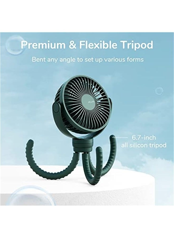 Portable Stroller Fan 4000mAh Battery Operated with 4 Speeds, USB Rechargeable Mini Fan with 360°Rotatable Flexible Tripod for Handheld/Desk/Car Seat/Treadmill/Travel -Alpine Green