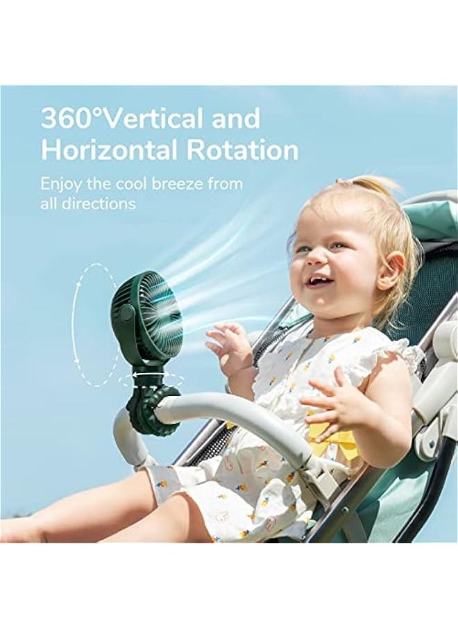 Portable Stroller Fan 4000mAh Battery Operated with 4 Speeds, USB Rechargeable Mini Fan with 360°Rotatable Flexible Tripod for Handheld/Desk/Car Seat/Treadmill/Travel -Alpine Green