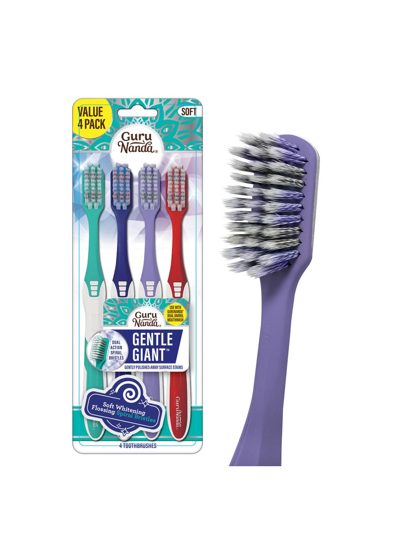 GuruNanda Gentle Giant Toothbrush with Dual Action Flossing Spiral Bristles NonSlip Ergo Dexa Grip Helps in Teeth Whitening BPA Free 4 Count