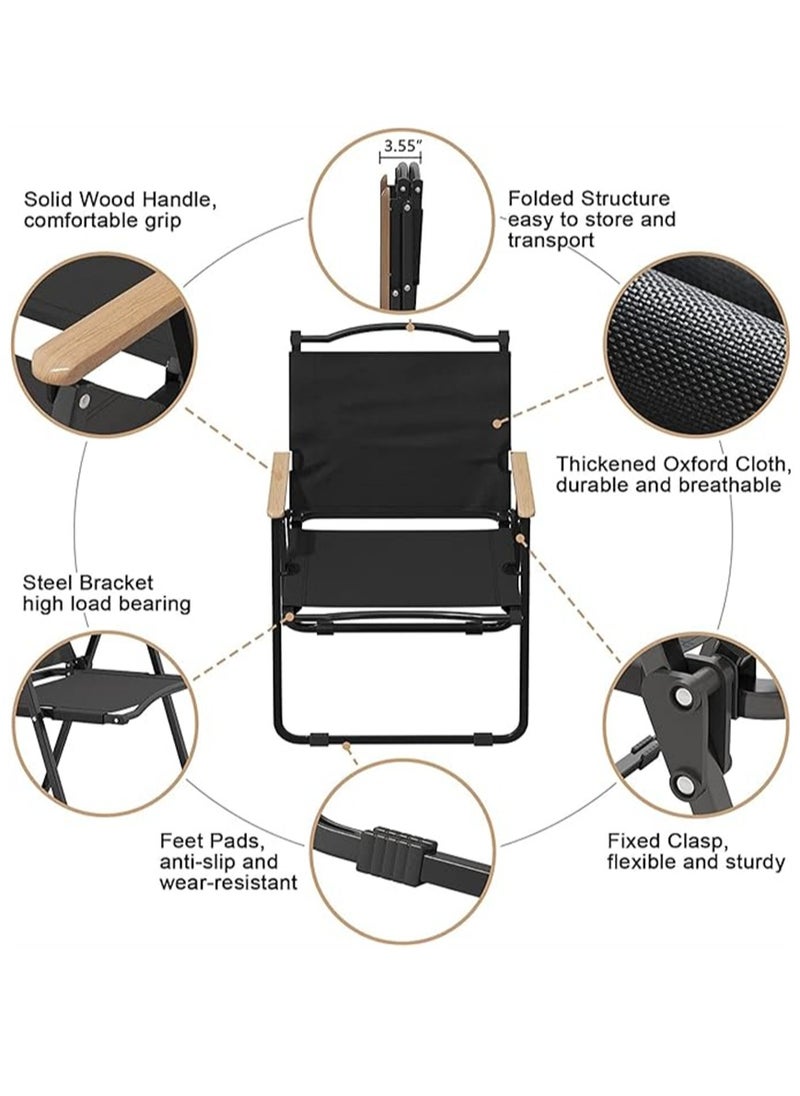 Camping Chair, Portable Folding Chair, Outdoor Lawn Chair with Wooden Handle, Lightweight Beach Arm Chair for Camping, Hiking, Fishing, Backyard, Lawn, Garden (Black, Large)