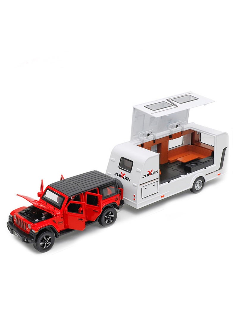 Boxed Vehicle Set Simulation Alloy Car Model With Camper Model(Red Jeep + RV)