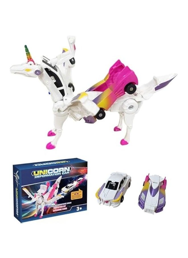 Unicorn Transforming Car Toys, Unicorn Academy Toys, Collision to Magical Unicorns, Automatic Deformation of Magnetic Connections Unicorn Race Car Set, Birthday Party Gifts for Boys and Girls (Pink)