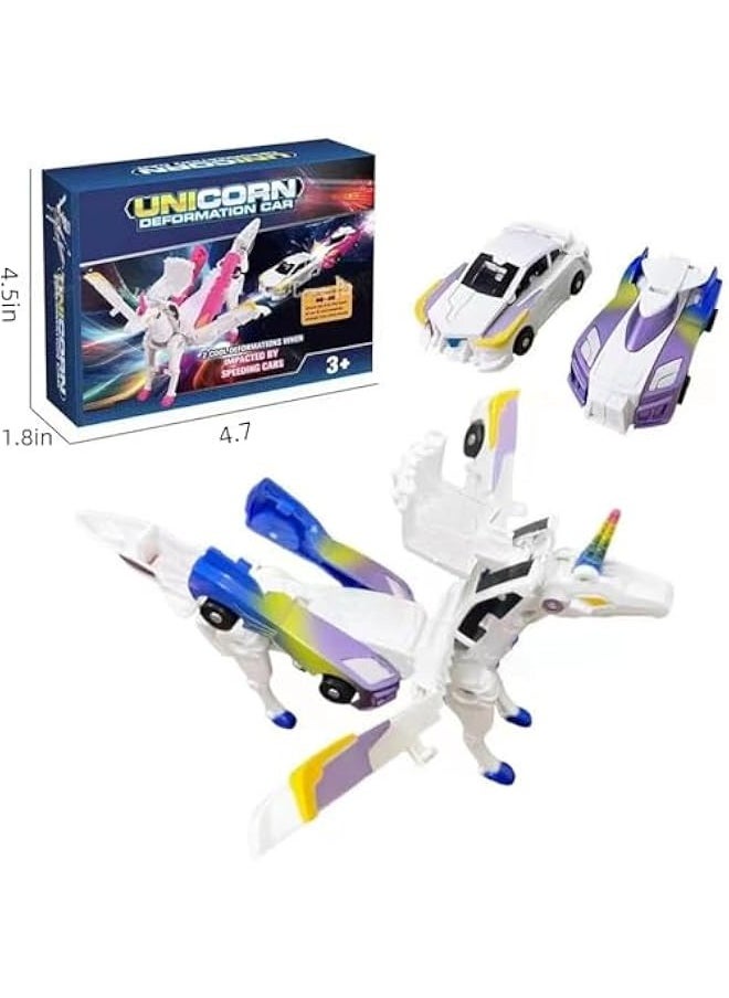 Unicorn Transforming Car Toys, Unicorn Academy Toys, Collision to Magical Unicorns, Automatic Deformation of Magnetic Connections Unicorn Race Car Set, Birthday Party Gifts for Boys and Girls (Blue)