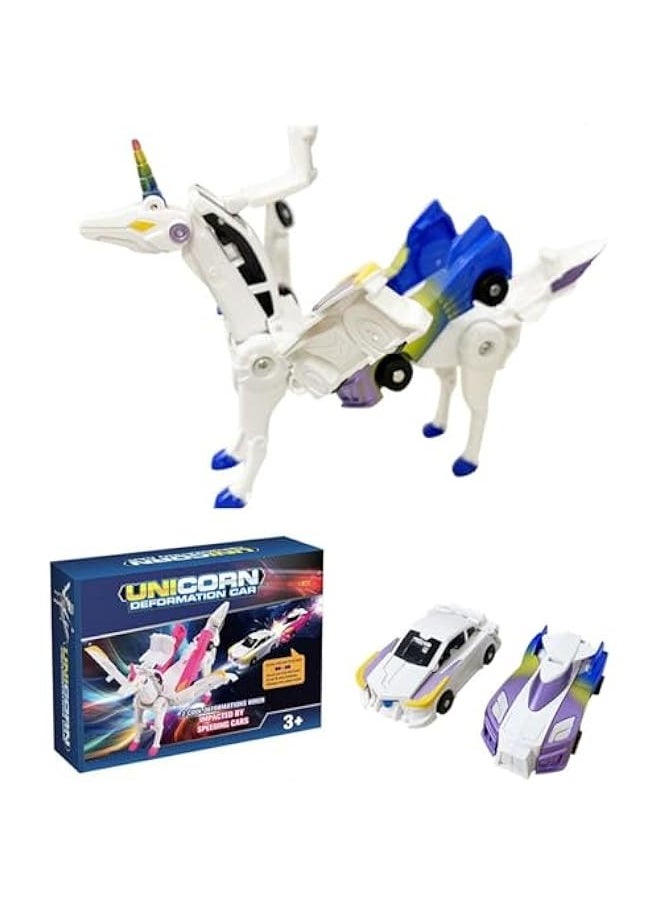 Unicorn Transforming Car Toys, Unicorn Academy Toys, Collision to Magical Unicorns, Automatic Deformation of Magnetic Connections Unicorn Race Car Set, Birthday Party Gifts for Boys and Girls (Blue)