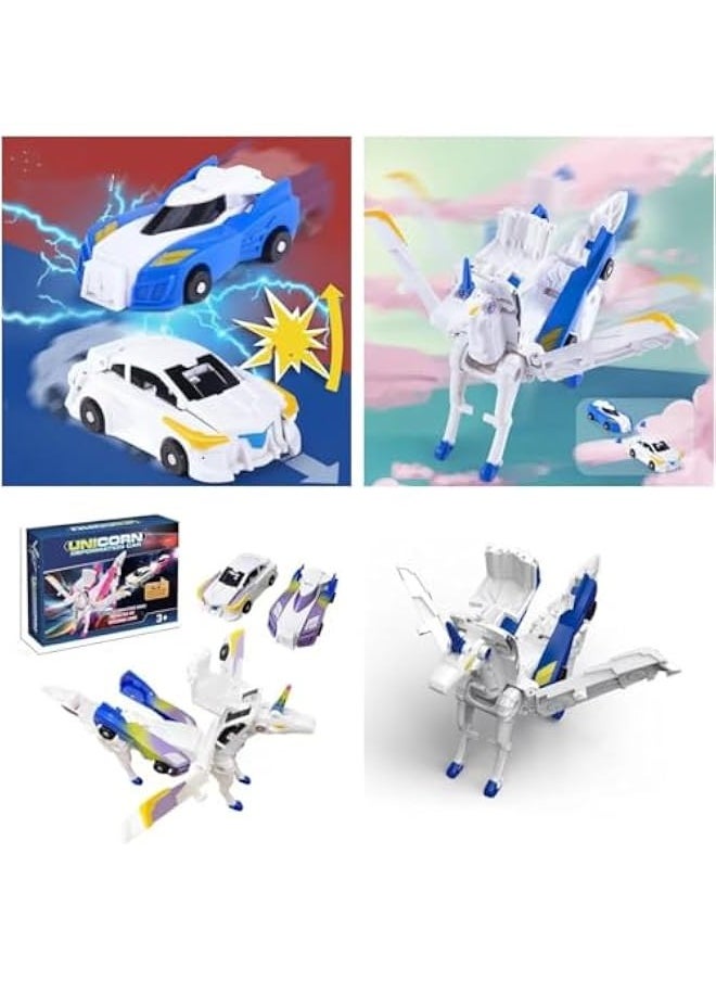 Unicorn Transforming Car Toys, Unicorn Academy Toys, Collision to Magical Unicorns, Automatic Deformation of Magnetic Connections Unicorn Race Car Set, Birthday Party Gifts for Boys and Girls (Blue)