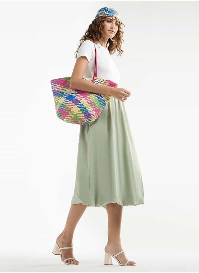 Colourblock A-line Dress with Round Neck and Short Sleeves