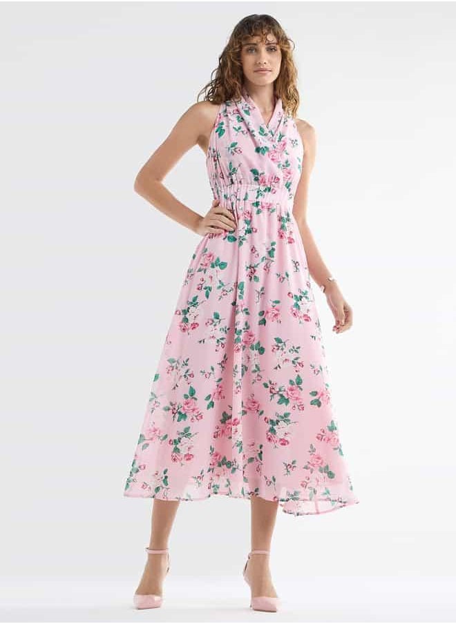 All-Over Floral Print Sleeveless Dress with Lapel Collar