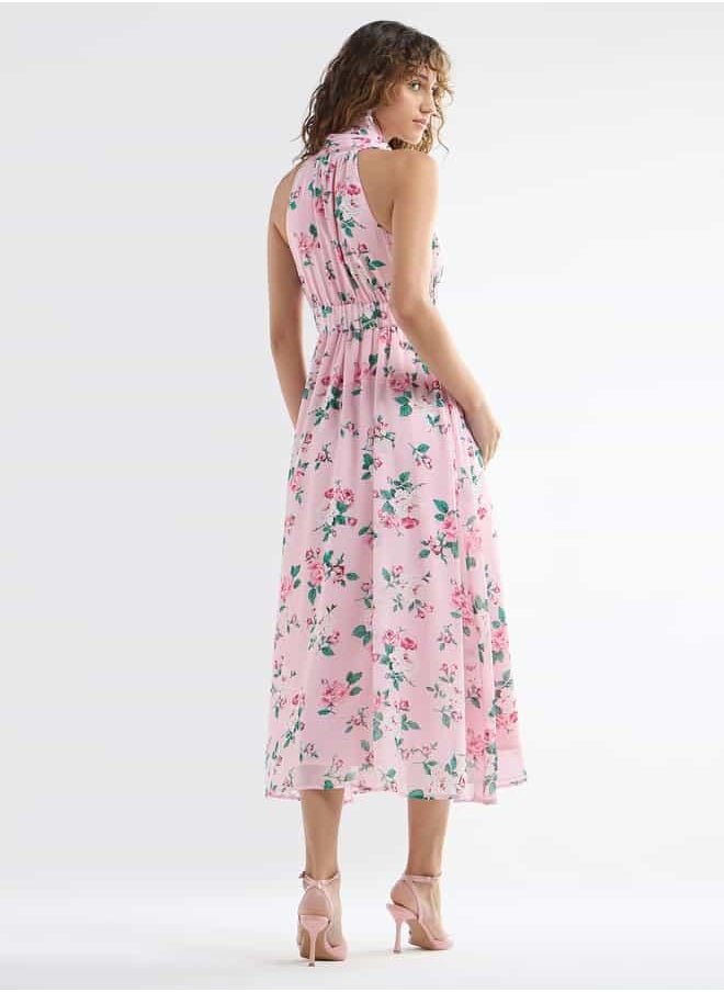 All-Over Floral Print Sleeveless Dress with Lapel Collar