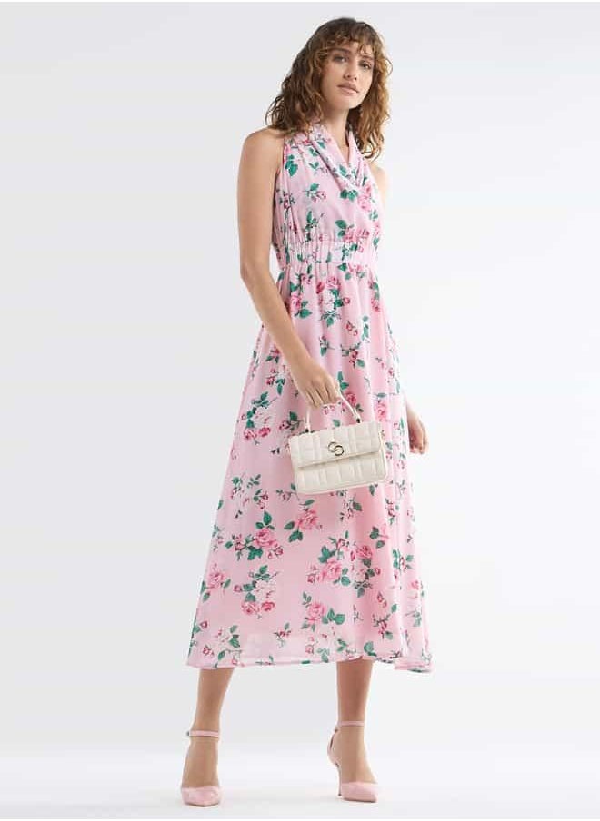 All-Over Floral Print Sleeveless Dress with Lapel Collar