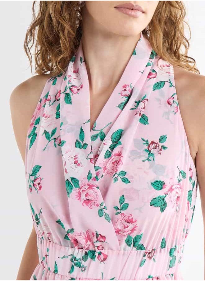 All-Over Floral Print Sleeveless Dress with Lapel Collar