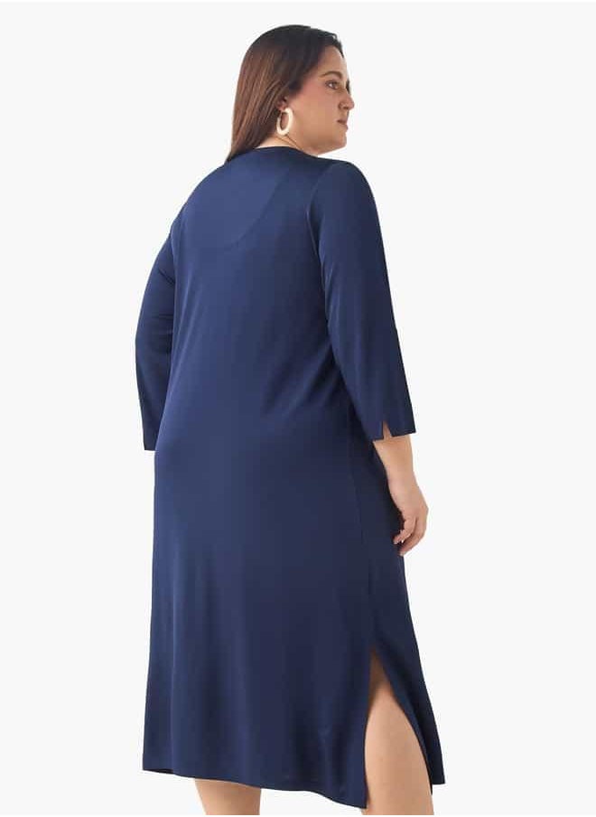 Plus Size Ulla Popken V-Neck Midi Dress with 3/4 Sleeves and Slit Detail