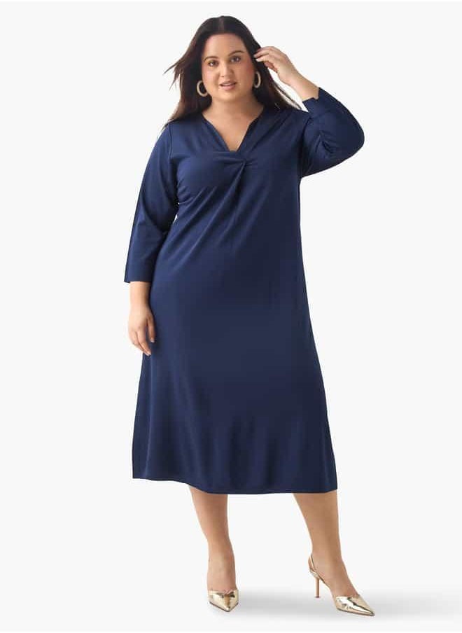 Plus Size Ulla Popken V-Neck Midi Dress with 3/4 Sleeves and Slit Detail