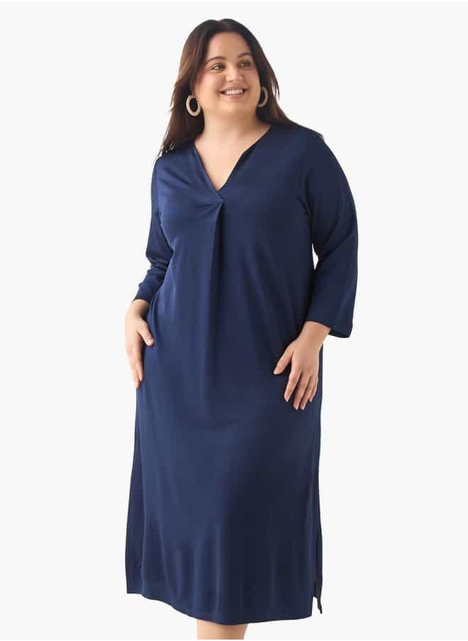 Plus Size Ulla Popken V-Neck Midi Dress with 3/4 Sleeves and Slit Detail