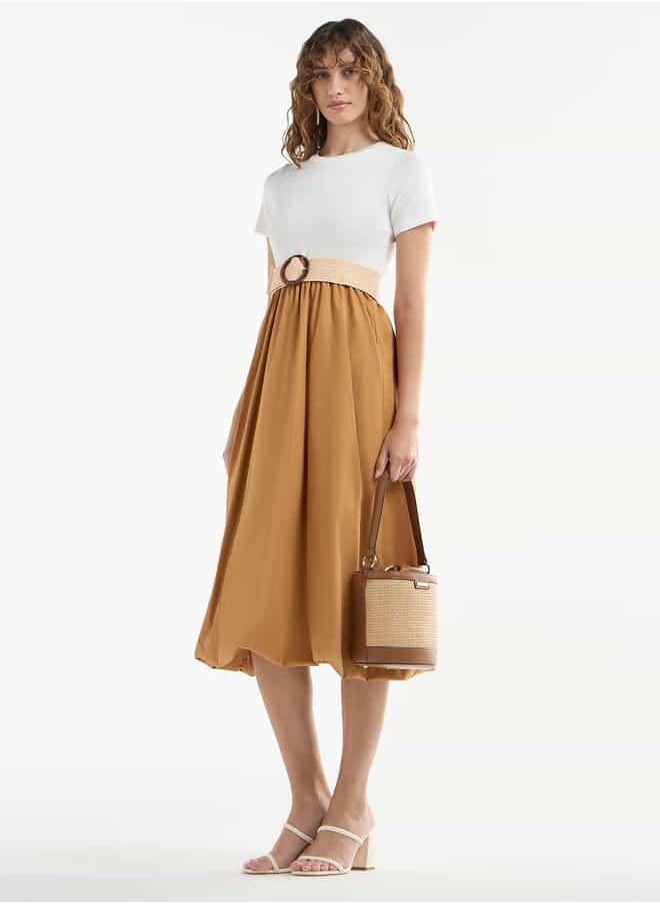 Colourblock A-line Dress with Round Neck and Short Sleeves
