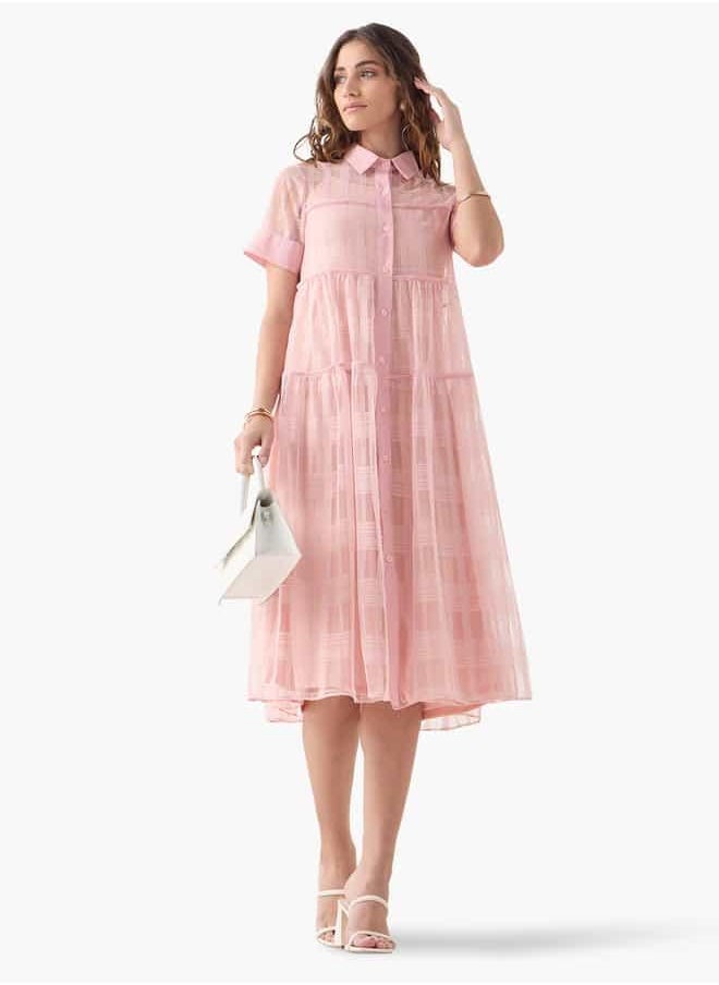 2Xtremz Mesh Midi Shirt Dress with Short Sleeves and Button Closure