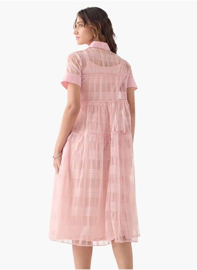 2Xtremz Mesh Midi Shirt Dress with Short Sleeves and Button Closure