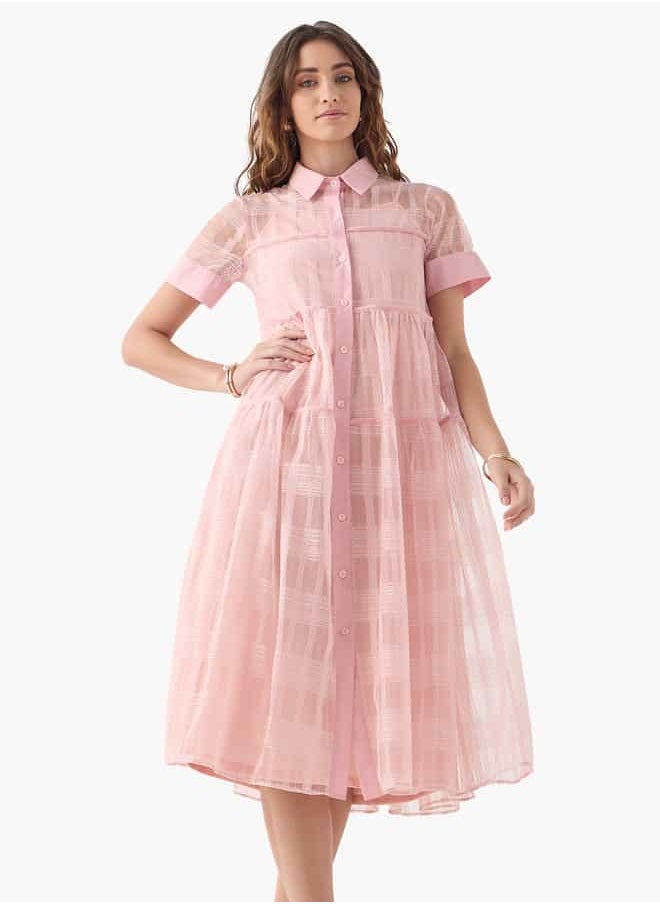2Xtremz Mesh Midi Shirt Dress with Short Sleeves and Button Closure
