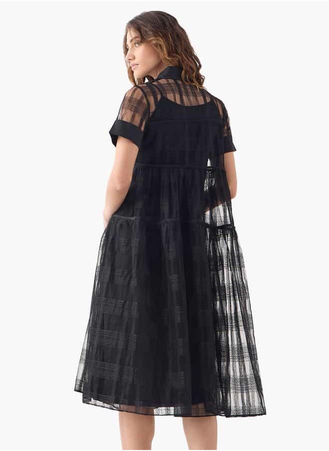 2Xtremz Mesh Midi Shirt Dress with Short Sleeves and Button Closure