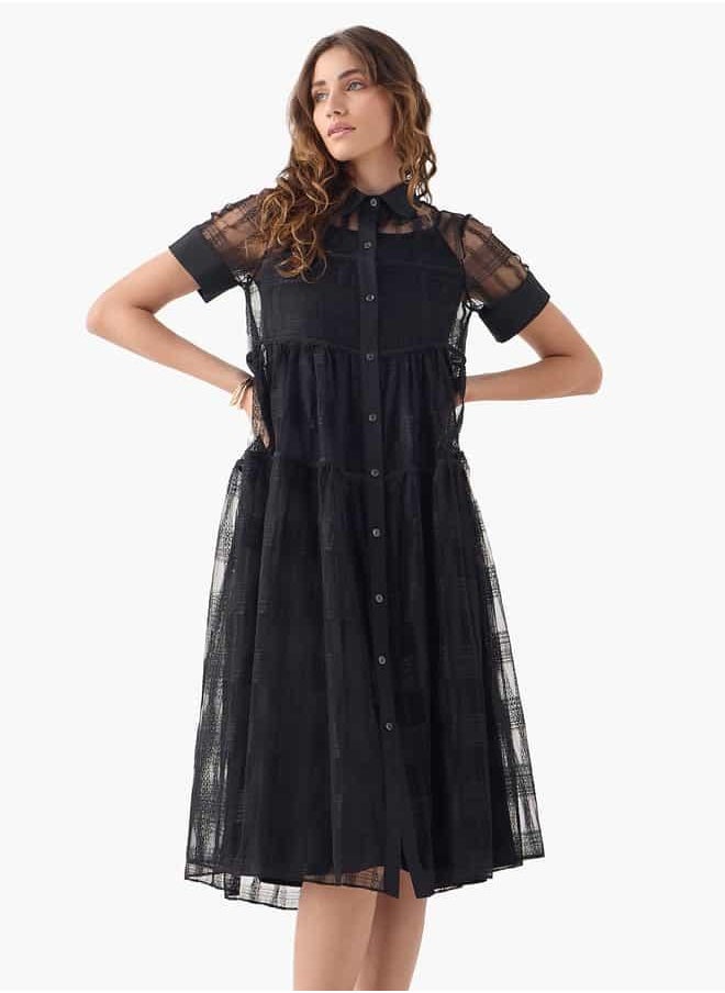 2Xtremz Mesh Midi Shirt Dress with Short Sleeves and Button Closure