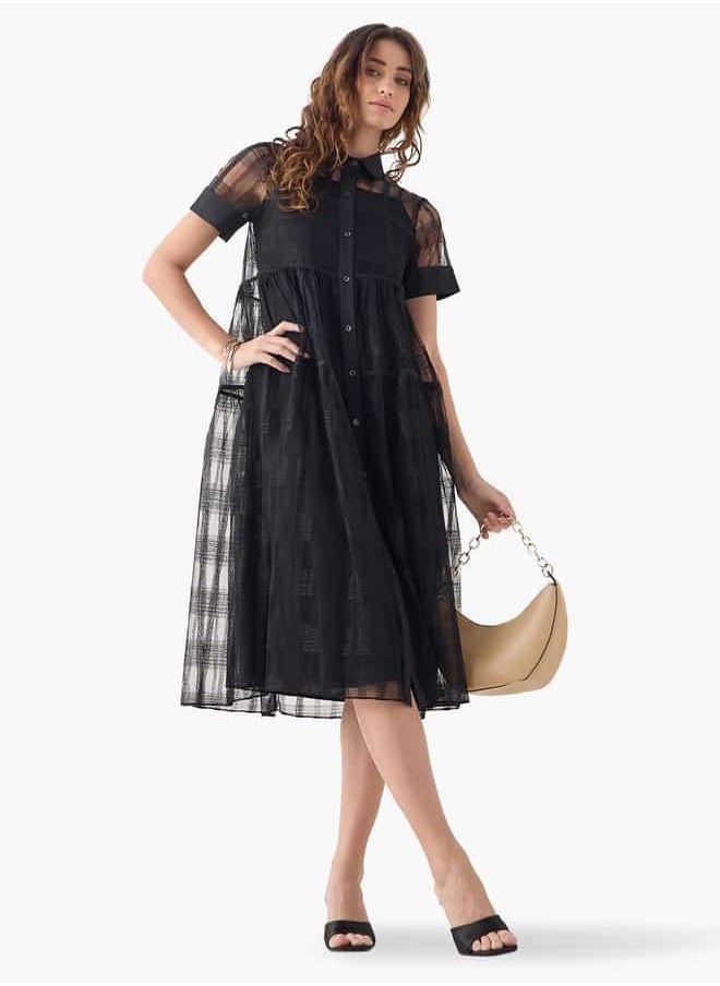 2Xtremz Mesh Midi Shirt Dress with Short Sleeves and Button Closure