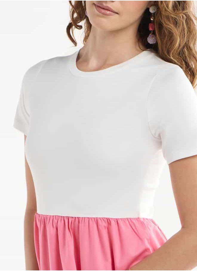 Colourblock A-line Dress with Round Neck and Short Sleeves