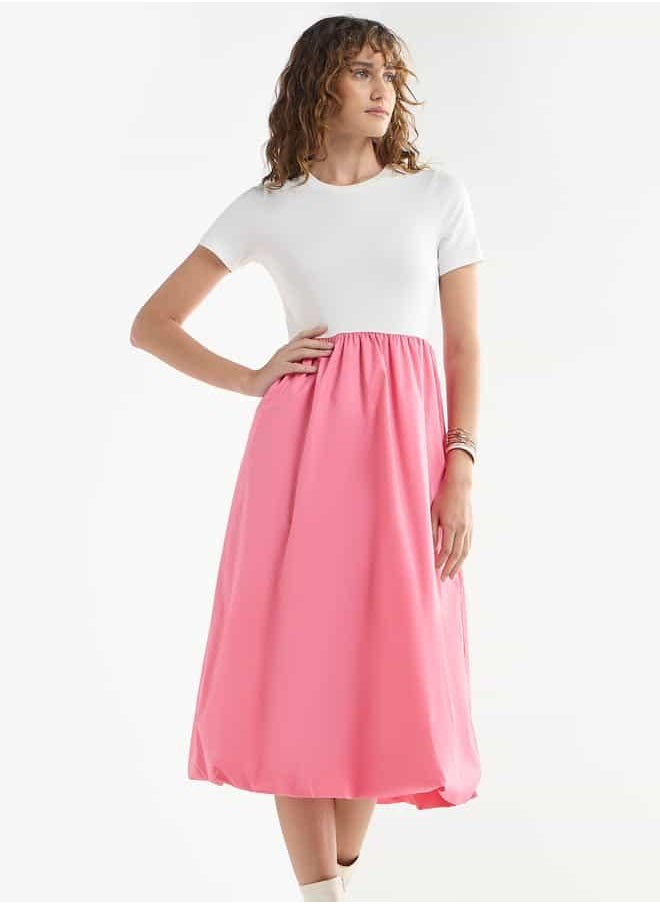Colourblock A-line Dress with Round Neck and Short Sleeves