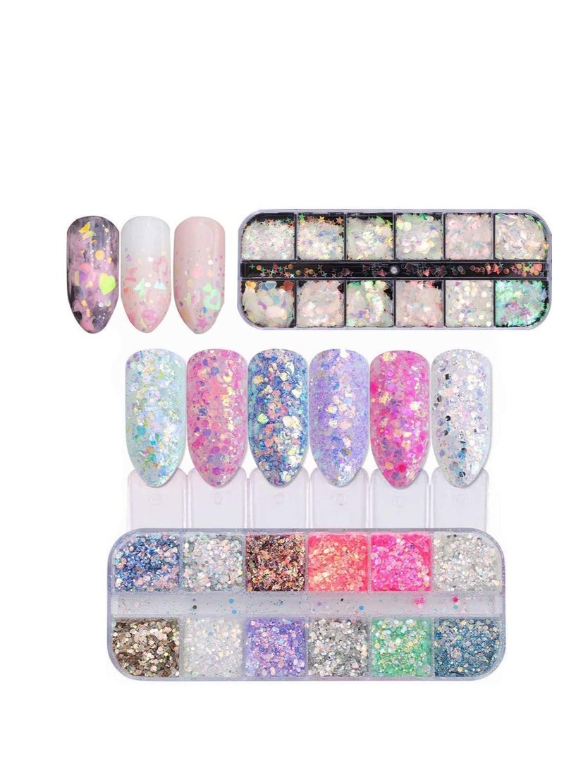 Heart Nail Sequins,3D Valentine’s Day Nail Art Stickers Decals Black Pink Love Heart Rabbit Butterfly Nail Glitter Flakes Sparkle for Nail Art Supplies, Women Nail Art Decoration 2 Box/24 Grids