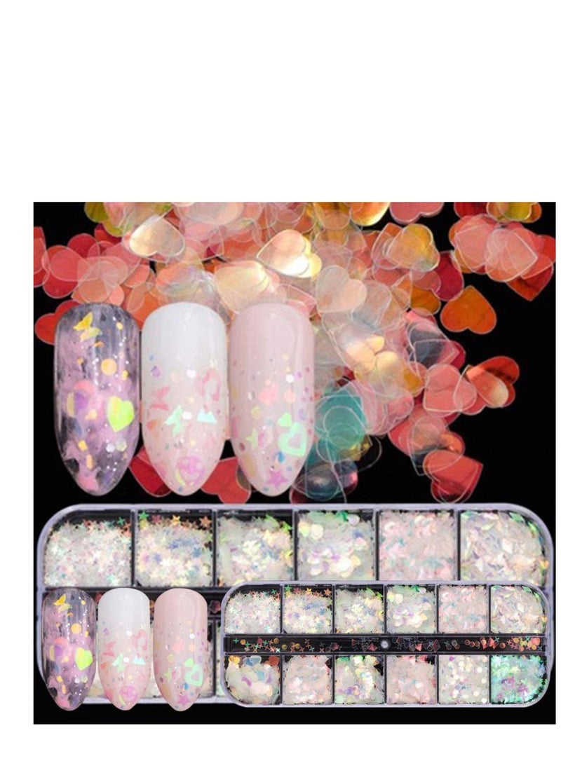 Heart Nail Sequins,3D Valentine’s Day Nail Art Stickers Decals Black Pink Love Heart Rabbit Butterfly Nail Glitter Flakes Sparkle for Nail Art Supplies, Women Nail Art Decoration 2 Box/24 Grids