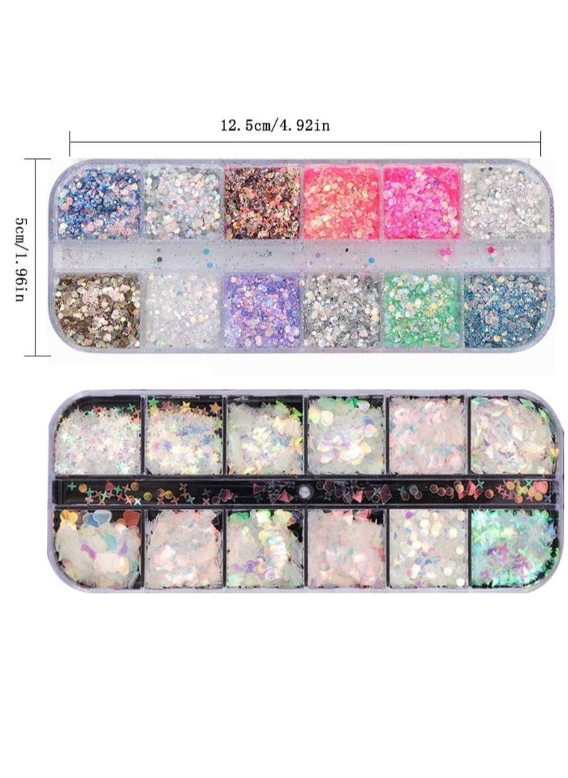 Heart Nail Sequins,3D Valentine’s Day Nail Art Stickers Decals Black Pink Love Heart Rabbit Butterfly Nail Glitter Flakes Sparkle for Nail Art Supplies, Women Nail Art Decoration 2 Box/24 Grids