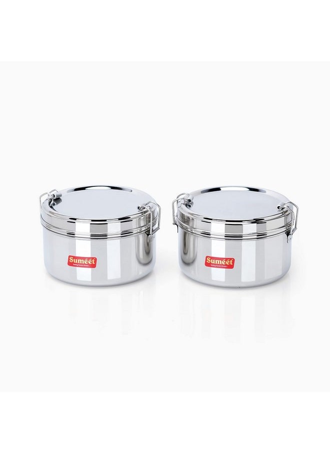 Sumeet Stainless Steel Meal Pack Lunch Box/Tiffin with Steel Separator Plate and Locking Clip, Set of 2Pc, 500ML Each, 13cm Dia, Silver