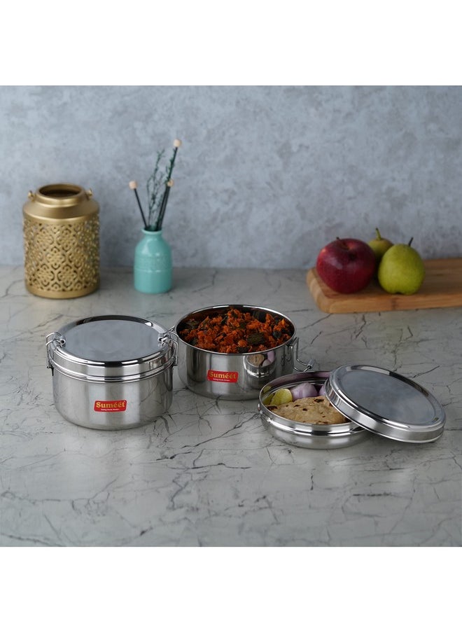 Sumeet Stainless Steel Meal Pack Lunch Box/Tiffin with Steel Separator Plate and Locking Clip, Set of 2Pc, 500ML Each, 13cm Dia, Silver