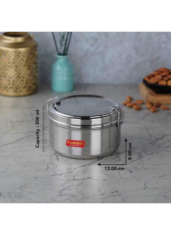 Sumeet Stainless Steel Meal Pack Lunch Box/Tiffin with Steel Separator Plate and Locking Clip, Set of 2Pc, 500ML Each, 13cm Dia, Silver